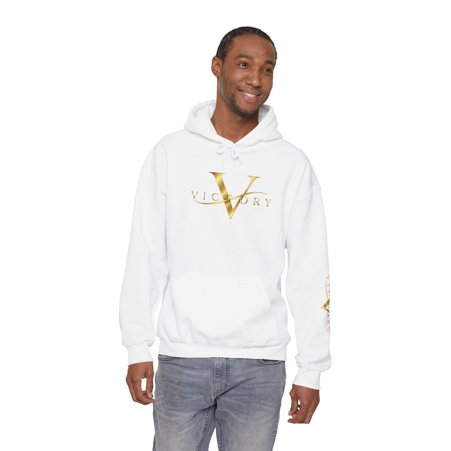 Victory gold V logo Hoodie | White pullover sweatshirt